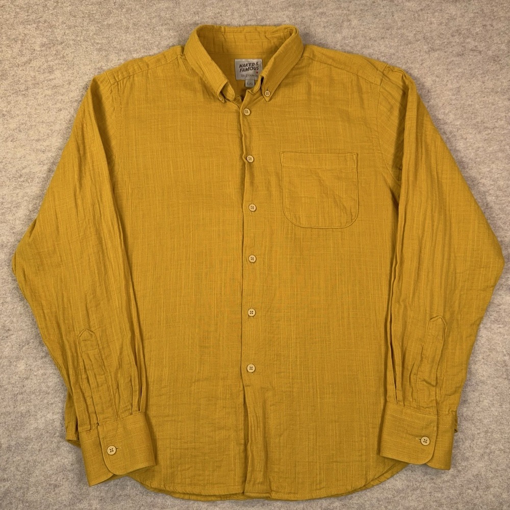 Naked & Famous Double Weave Gauze Tumeric Yellow Long Sleeve Shirt Mens Large